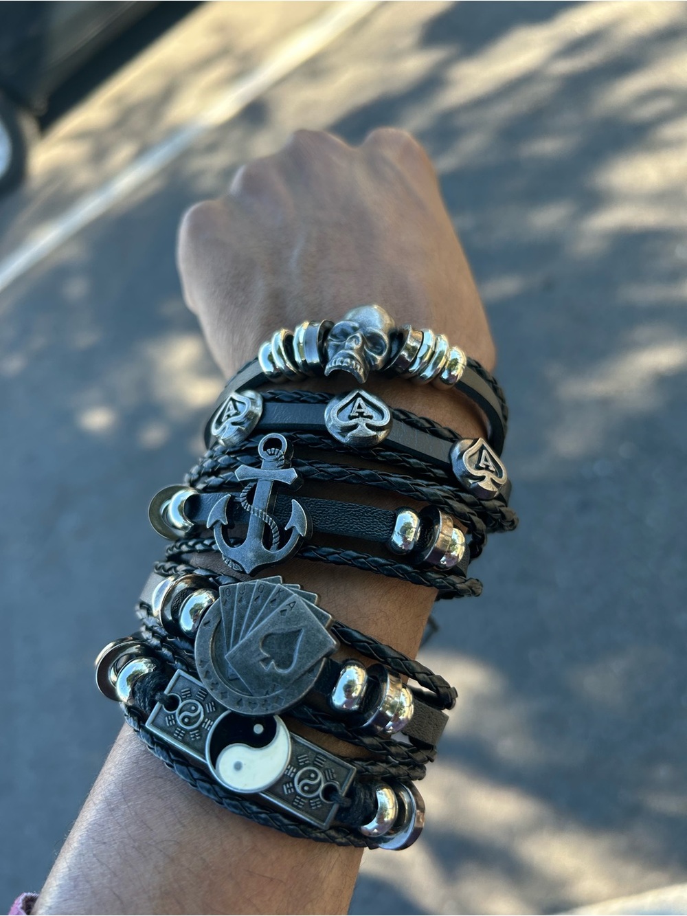 5 pcs Gothic small faux leather punk skull ace cards ying yang pirate bracelet